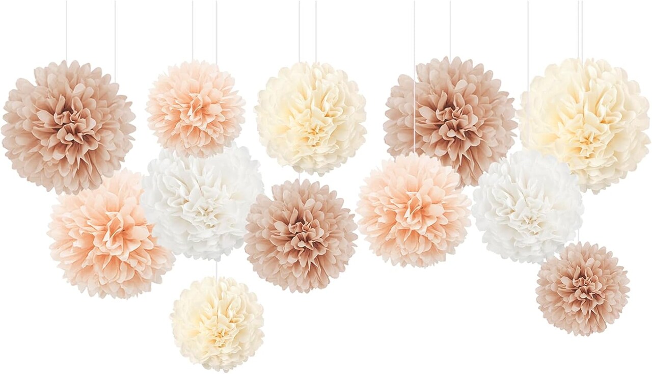 Wedding Decorations, 12 PCS Ivory Champagne Tissue Paper Pom Poms, Creamy White Paper Flowers for Bridal Showers, Engagement Receptions, Bachelorette, Birthday, Boho Party Supplies